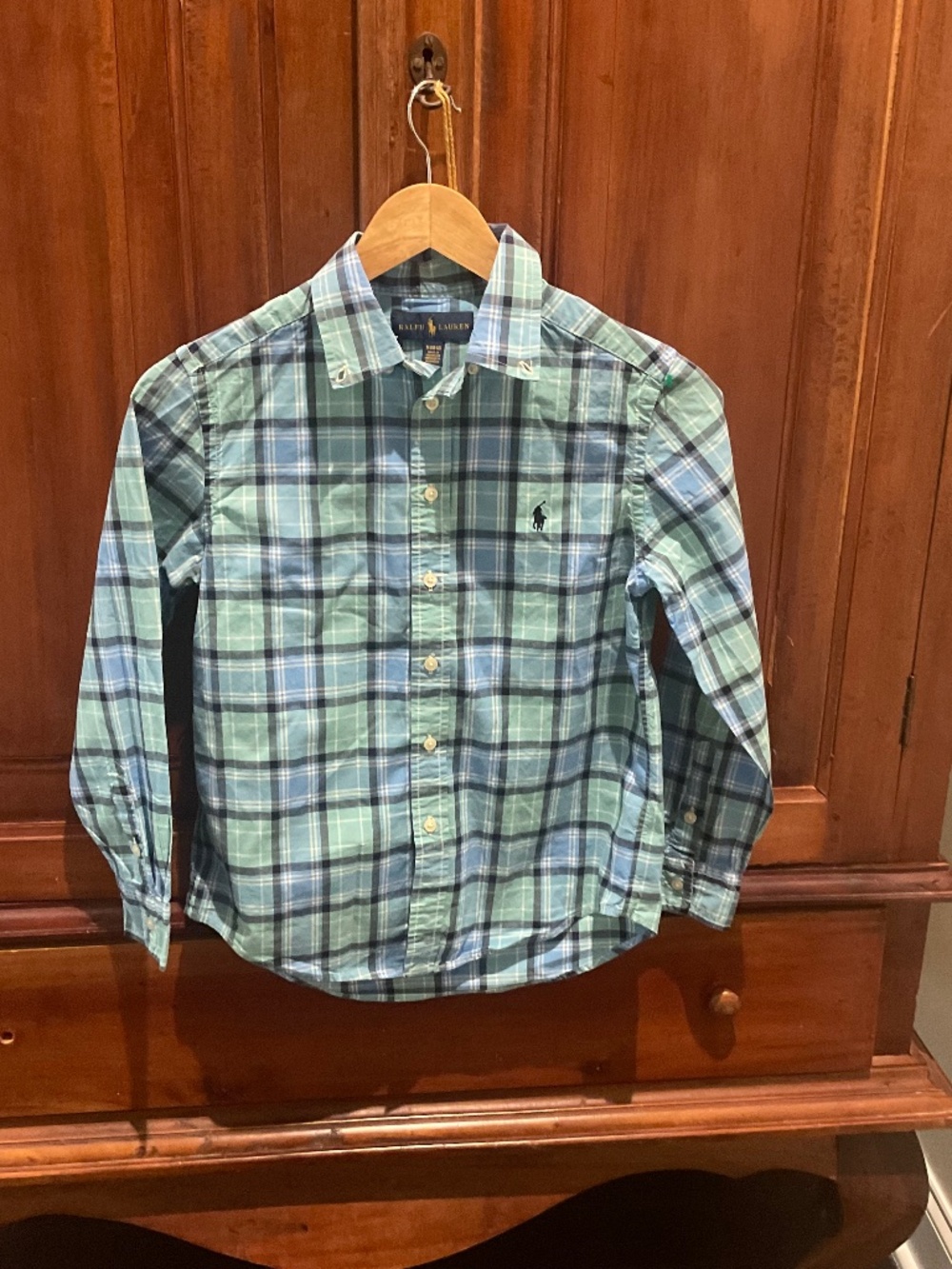 Ralph Lauren Boys Long Sleeve Plaid Shirt, Color Green/Blue , Size M (10-12)